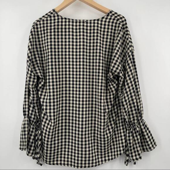 143 STORY by LINEUP Blouse Buffalo Check Ruffle Sleeves Ties Black SZ Small - Picture 2 of 9